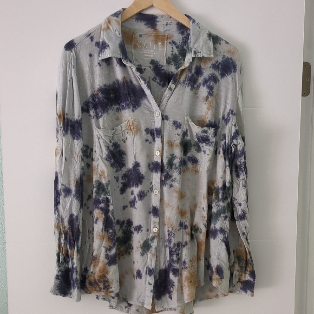 Caite Relaxed Fit Boho Cotton Tie-Dye Button-Up Coastal Oversized Beach Shirt S